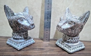 2x Goddess Bastet Cat Large Head EGYPTIAN ANTIQUE Statue Heavy Granite - Picture 1 of 7
