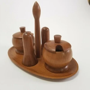Genuine Burma Teak Condiment Set Carry Tray Salt Pepper Shakers Mustard Pot - Picture 1 of 12