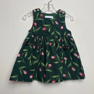 Pomme Framboise Corduroy Dress Girl's Green Red Tulips Sleeveless - Picture 1 of 8