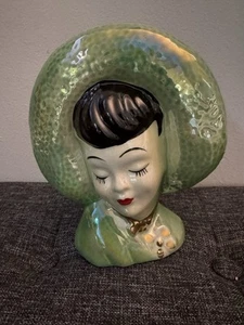 ROYAL COPLEY PORCELAIN GREEN IRIDESCENT LADY HEAD VASE  WALL POCKET PLANTER  7" - Picture 1 of 7