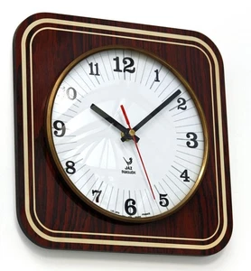 Vintage 26cm JAZ Formica Wall Clock - French Retro Mid Century Atomic Wooden - Picture 1 of 4