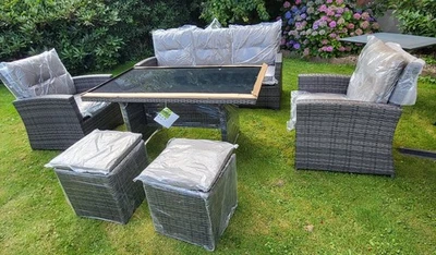 Exklusive Gartenlounge, 6-tlg. Set mit Esstisch & Kissen Rattanlounge Sitzgruppe - Bild 1 von 4