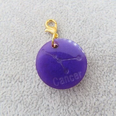 CANCER Zodiac Sign Charm Zipper Pull Keychain Add On Clip Gold Tone Purple Resin - Image 1 of 4