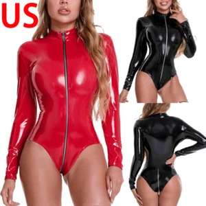 Women Shiny Metallic PVC Leather Bodysuit Long Sleeve Zipper Catsuit AU - Picture 1 of 37