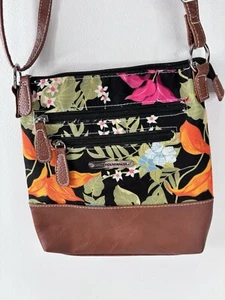 Stone Mountain Crossbody Bag Black & Floral Faux Leather Brown Trim Pockets - Picture 1 of 10