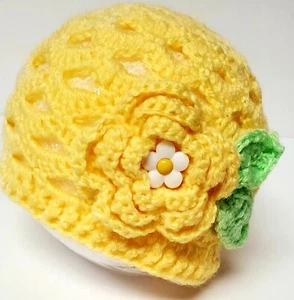 Yellow Knitted Beanie 16" with Flower/ Crochet Hat for Baby Girl/ Yellow Crochet - Picture 1 of 5