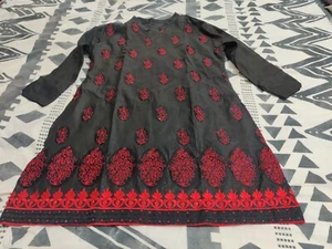 Maxi Vestido Largo Negro Rojo Kurta Qurtha Mujer Algodón Regular Modesto Indio - Imagen 1 de 5