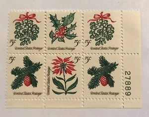 Vintage Unused US Postage Block of (6) 5 Cent Stamps Christmas 1960s #27889 MNH - Picture 1 of 2