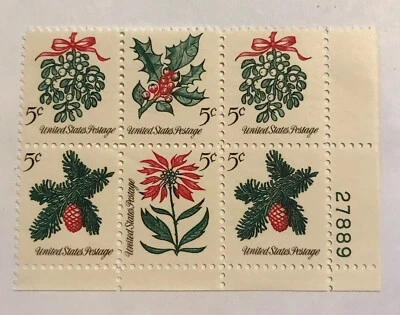 Vintage Unused US Postage Block of (6) 5 Cent Stamps Christmas 1960s #27889 MNH - Image 1 of 2