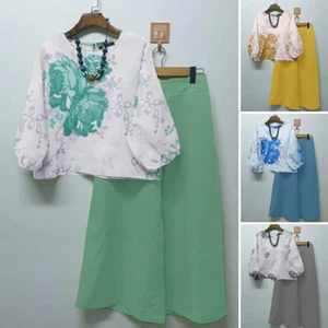 2Pcs Ladies Chiffon Shirts Tops+Wide Leg Pants Loose Set Outfits Suits PLUS SIZE - Picture 1 of 14