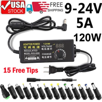 Transformador Adaptador Fuente de Alimentación Voltaje Ajustable 120W con 15 Enchufes 9V-24V 5A Foto 1 de 4