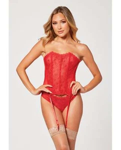 Seven 'til Midnight Valentines Heart Embroidered Mesh Bustier & Panty Red - Picture 1 of 5
