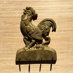 Old Brass Rooster Key Holder Hanger Vintage Metal Country Chickens Farm Decor