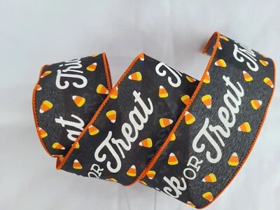 5 YARDS 2 1/2" WIDE WIRED EDGES HALLOWEEN BLACK WITH CANDY CORN & TRICK OR TREAT - Image 1 of 2