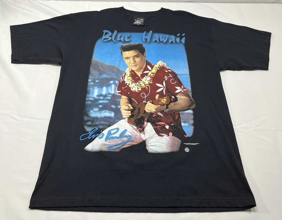 CAMISETA NEGRA VINTAGE 1996 AZUL HAWAII ELVIS PRESLEY HOMBRE TALLA XL HECHA EN EE. UU. Foto 1 de 4