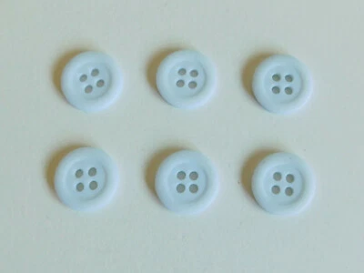 Set 6 Vintage Buttons Pale Blue 4-Hole Flat Rim 9/16" Plastic - Image 1 of 4