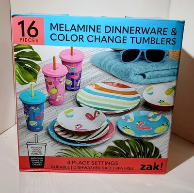 Juego de vajilla de melamina de 16 piezas Zak Designs vaso que cambia de color con plato/tazón Foto 1 de 4