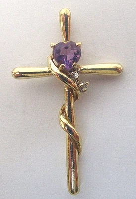 Vintage 14k Yellow Gold Amethyst and Diamond Cross Pendant - Image 1 of 4