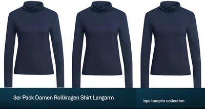 3er Pack Damen Rollkragen Langarmshirt Navy Blau NEU bonprix 36/38-56/58 - Bild 1 von 3