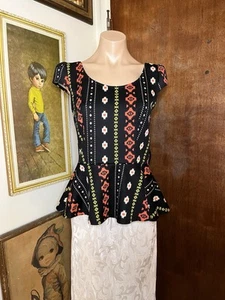 Vintage Miss Sixty Neon Southwestern Design Large Back Bow Peplum Top M - Picture 1 of 8