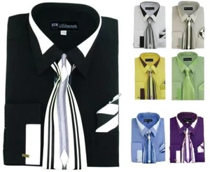 New Men's French Cuff Dress Shirt + Tie + Handkerchief Set Spread Collar  SG34