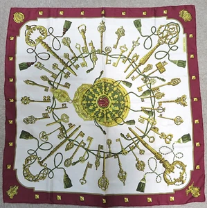 Authentic HERMES "LES CLES THE KEYS" Burgundy 100% Silk Scarf #57011 - Picture 1 of 10