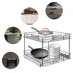 2-Tier Pull Out Cabinet Shelf Cupboard Basket Kitchen Storage Shelf Organizer - Picture 1 of 24