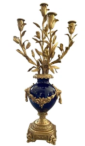 Antique French Louis XVI Style Bronze Coblat Blue Porcelain 4-Arm Candelabra - Picture 1 of 11