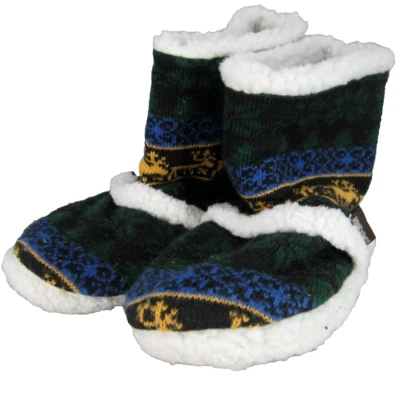 Muk Luks Slipper Boots Womens 8 Green Yellow Fuzzy Christmas Holiday Reindeer - Image 1 of 4