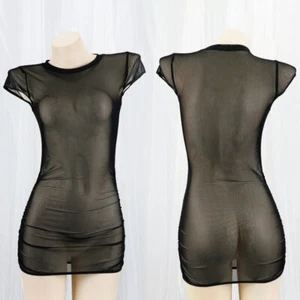 Women Sheer Mesh T-shirt Mini Dress Short Sleeve Lingerie Nightgown Net Black - Picture 1 of 8