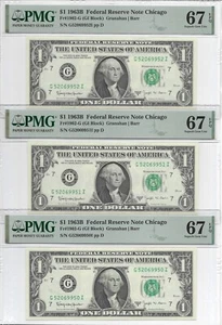 1963B $1 CHICAGO FRNs 3 PMG Superb GEM Uncirculated 67 EPQ Banknotes BARR Signed - Picture 1 of 7