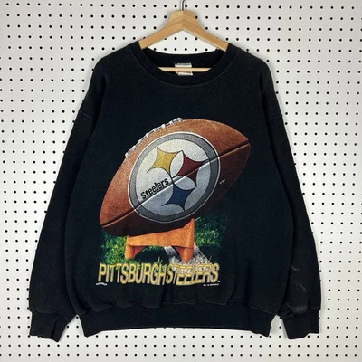 Sudadera grande Steelers con gráfico de nuez moscada cuello redondo vintage años 90 NFL rara negra  Foto 1 de 4