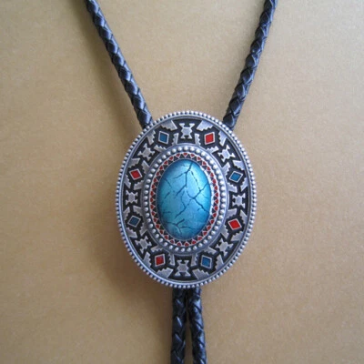 Corbata Bolo Estilo Vintage Plateado Esmalte Ovalado Patrones Suroeste Foto 1 de 4