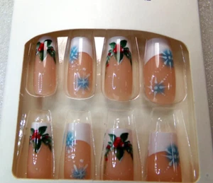 Beautiful Nails French with Snowflake & Holly Accents glue on Long - Picture 1 of 3