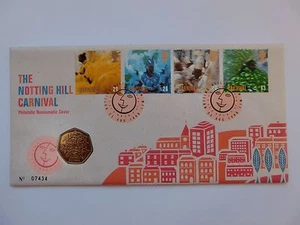 Reino Unido Gran Bretaña FDC Notting Hill Carnaval Filatélica Numismática Cubierta 50p 1998 - Imagen 1 de 6