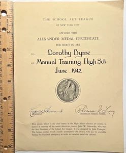 1942 ALEXANDER MEDAILLE URKUNDE SCHULE ART LEAGUE OF NY CITY Dorothy Byrne 8E - Bild 1 von 4