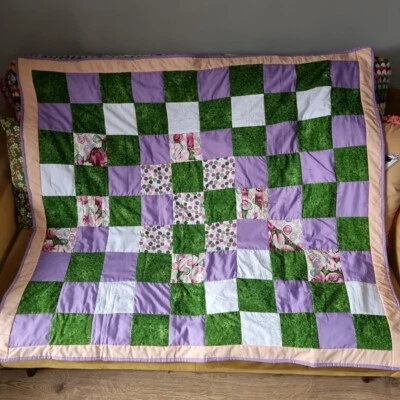 Vintage Retro handmade Sewn patchwork blanket 120 x 110cm - Image 1 of 4