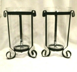 Pair of Pier1 Tri-footed Black Wrought Iron 12" Tall Hurricane Lamps - Picture 1 of 3