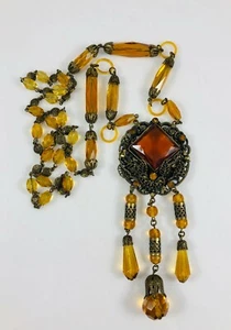 Antike Tschechoslowakei Max Neiger Bernstein braun lange Hänger Halskette Glasglieder - Bild 1 von 10