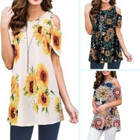 Floral loose t shirt womens short sleeve summer ladies casual blouse crew neck