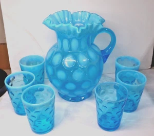 Vintage FENTON opalisierend türkis blau Glas MÜNZPUNKT Krug + 6 Becher - Bild 1 von 13