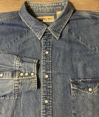 Vintage Big Mac Pearl Snap Western Denim Blue Jean Shirt Size 3XLT - Image 1 of 4