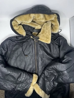 Chaqueta Bomber Wilda Cuero Genuino Forrada Sherpa Negra Con Capucha Peso Pesado (L) Foto 1 de 4