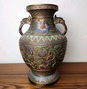Vintage Decorative Floral Cloisonné Enamel Brass Vase Japan 12" Large - Picture 1 of 24