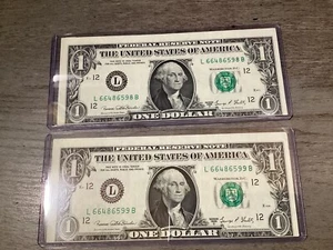 1969-D Misaligned-2 Consecutive $1 FRN-Crisp & Uncirculated Banknotes-6598/6599 - Picture 1 of 9