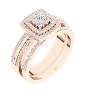 Double Halo Bridal Engagement Ring Set VS F 0.75 Ct Lab Grown Diamond 10K Gold - Picture 1 of 9