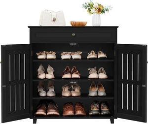 Shoe Cabinet, 4-Tier Shoe Storage Cabinet with Drawer & Adjustable Shelves, Wood - Picture 1 of 10