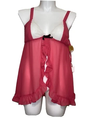 FLORA NIKROOZ ~ LOTE DE 2 PIEZAS ~ BRAGUITA DE PELUCHE/MUÑECA Y TANGA ~ ROSA ~ RIBETE DE ENCAJE ~ L ~ TRANSPARENTE ~ NUEVO CON ETIQUETAS Foto 1 de 4