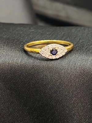 0,35 Cts Ronde Brillante Diamants Bleu Saphir Anniversaire Bague En 18K Or jaune - Photo 1/4