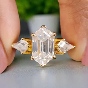 Hexagon Cut Simulated Diamond Engagement Ring 3 Stone Ring Yellow Gold Ring - Picture 1 of 9